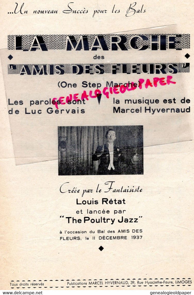 87-LIMOGES- RARE PARTITION MUSIQUE LA MARCHE DES AMIS DES FLEURS-GERVAIS- HYVERNAUD-1937-LAPLAGNE-JOUANNET GUERET - Scores & Partitions