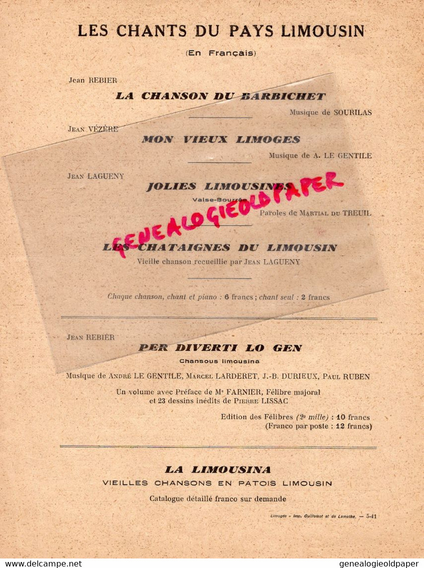 87-LIMOGES- RARE PARTITION MUSIQUE CHAZ NOUS-ANDRE LE GENTILE-JEAN LAGUENY-LA LIMOUSINA-LIMOUSIN JEAN REBIER - Scores & Partitions