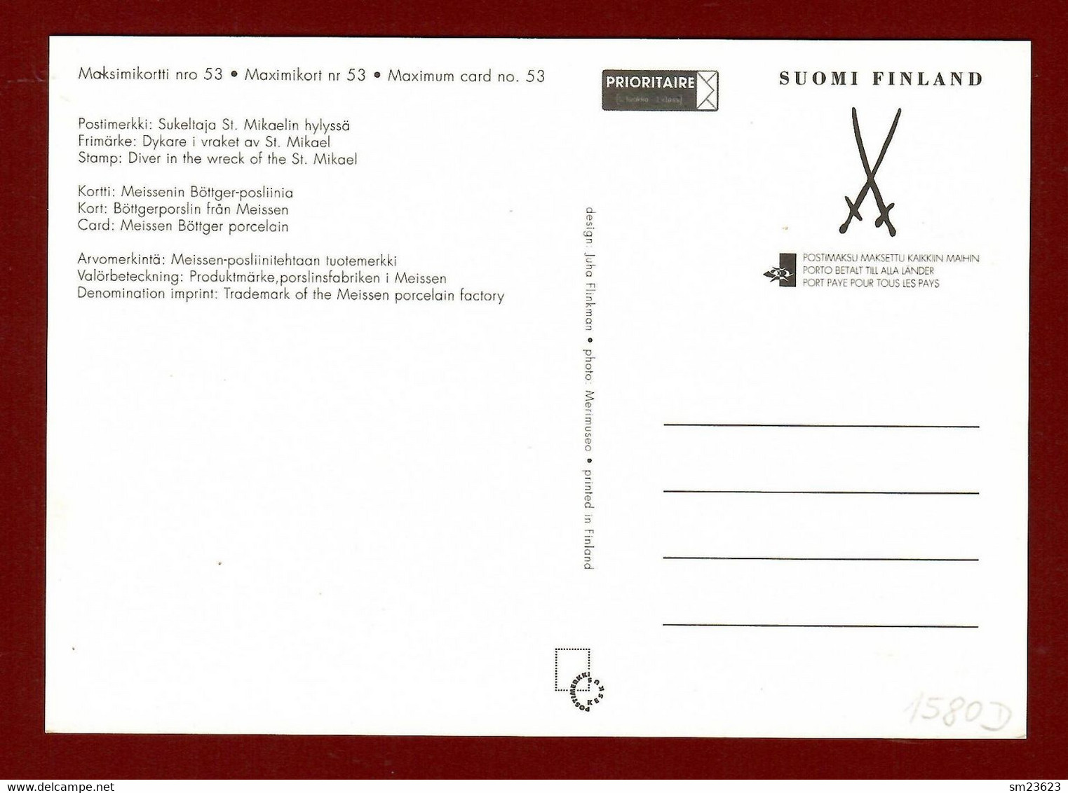 Finnland / Suomi  2001 Mi.Nr.1580 D , Finnischer Meerbusen (I) - Maximum Card No. 53  - Helsinki 6.9.2001 - Maximum Cards & Covers