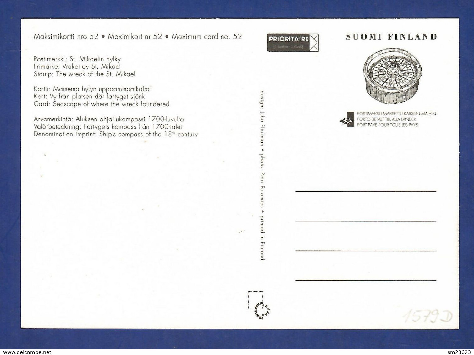 Finnland / Suomi  2001 Mi.Nr.1579 D , Finnischer Meerbusen (I) - Maximum Card No. 52 - Helsinki 6.9.2001 - Cartoline Maximum