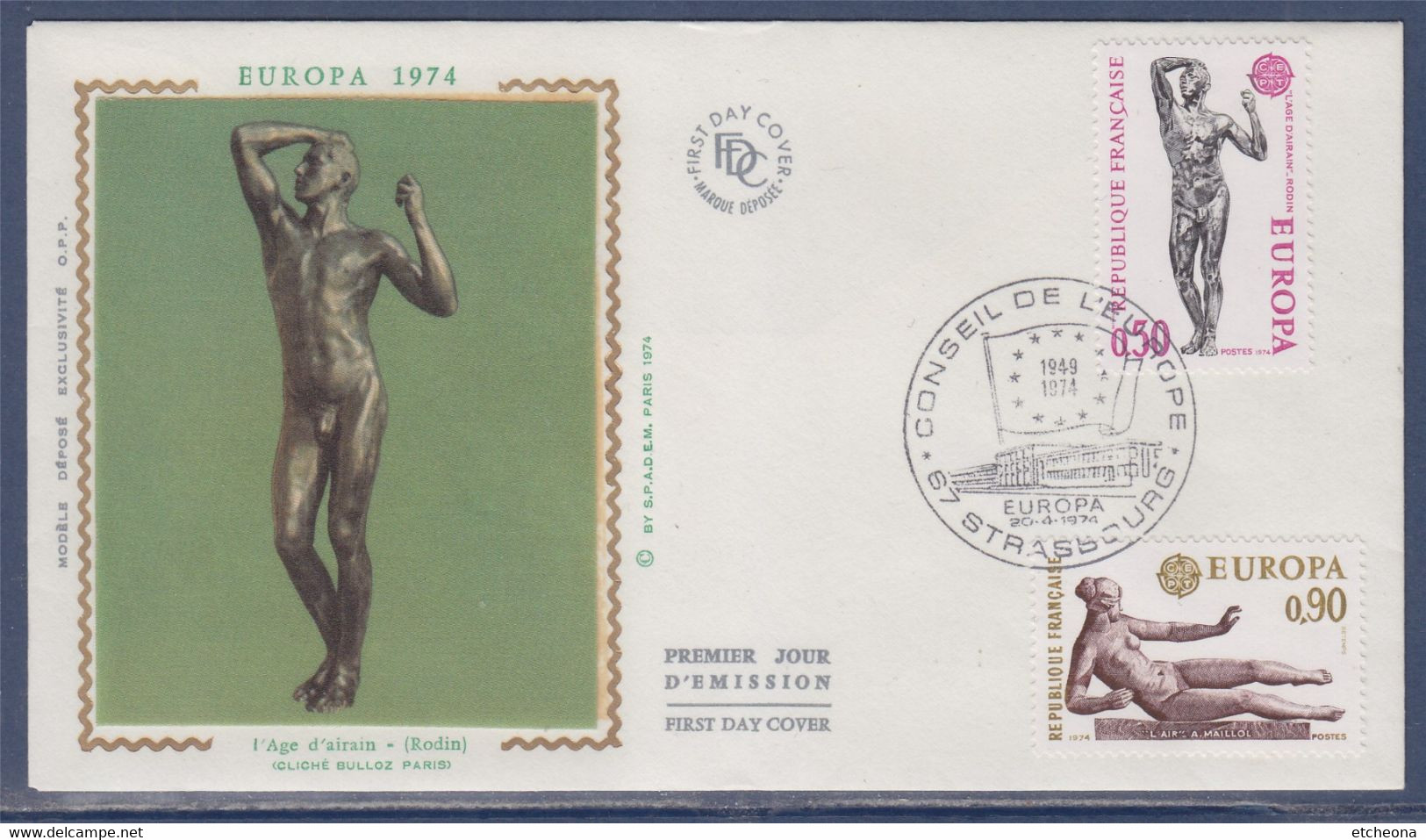 Europa Sculptures CEPT N°1789 1790 Enveloppe 1er Jour Strasbourg 20.04.74 L'Age D'Airain De Rodin Et L'Air De A. Maillol - 1974