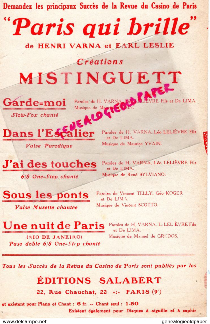 75-PARIS- PARTITION MUSIQUE MISTINGUETT-GARDE MOI-MAURICE YVAIN-PARIS QUI BRILLE-CASINO-HENRI VARNA-LEO LELIEVRE-1931 - Scores & Partitions
