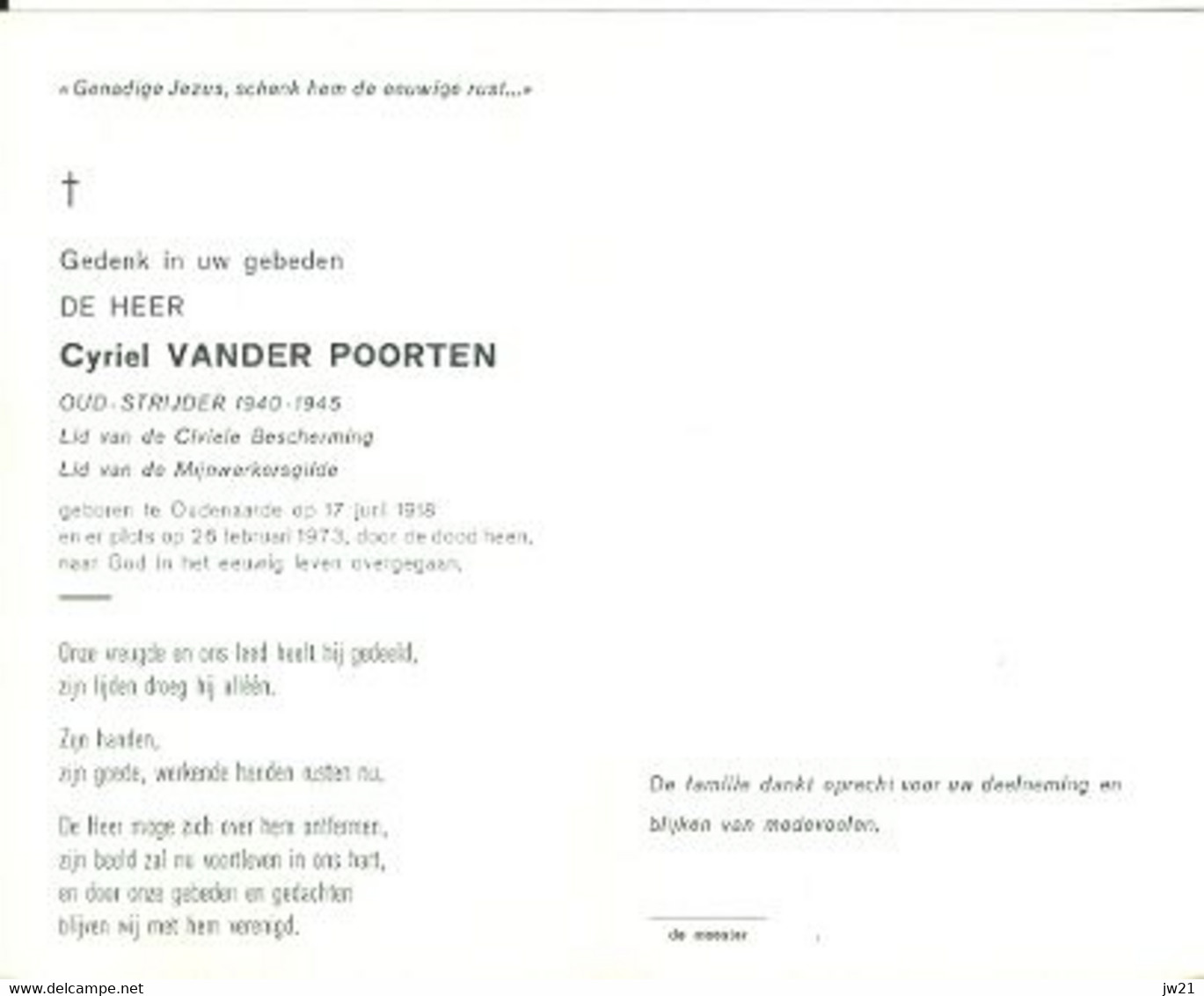 Doodsprentje Vander Poorten Cyriel   	17-06-1918 Oudenaarde	26-02-1973 Oudenaarde - Décès