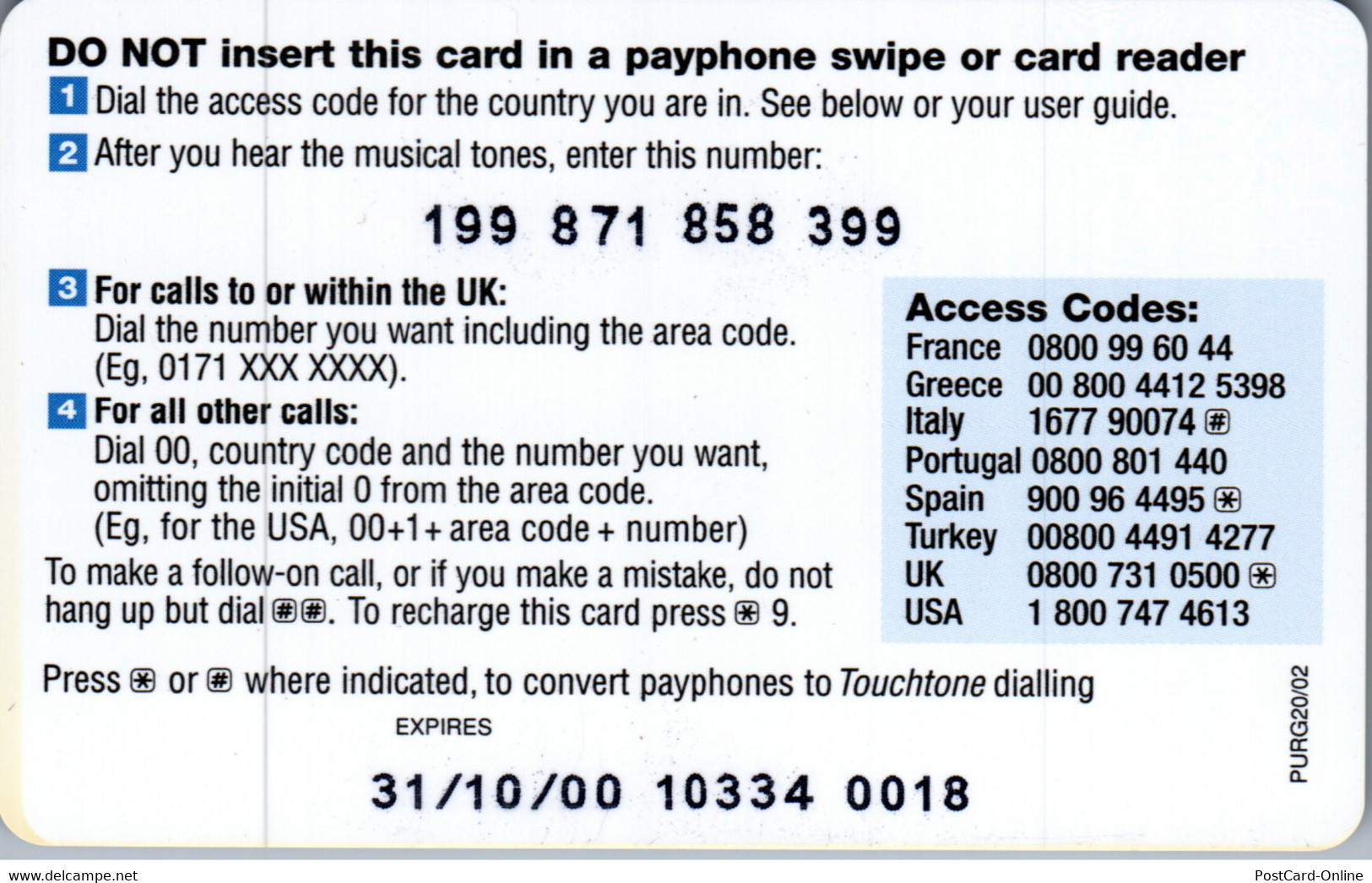 19712 - Großbritannien - BT , GlobalCard - BT Cartes Mondiales (Prépayées)