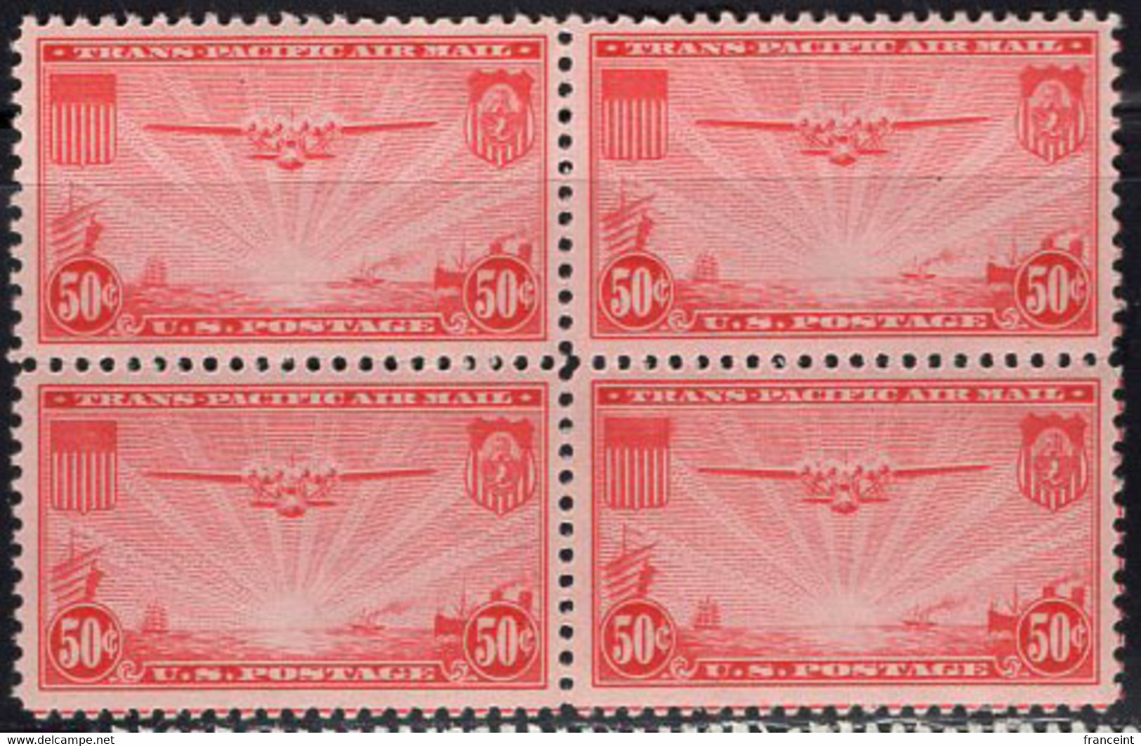 USA (1937) China Clipper. 50c Airmail Block Of 4. Scott C22. MNH. - 1b. 1918-1940 Neufs