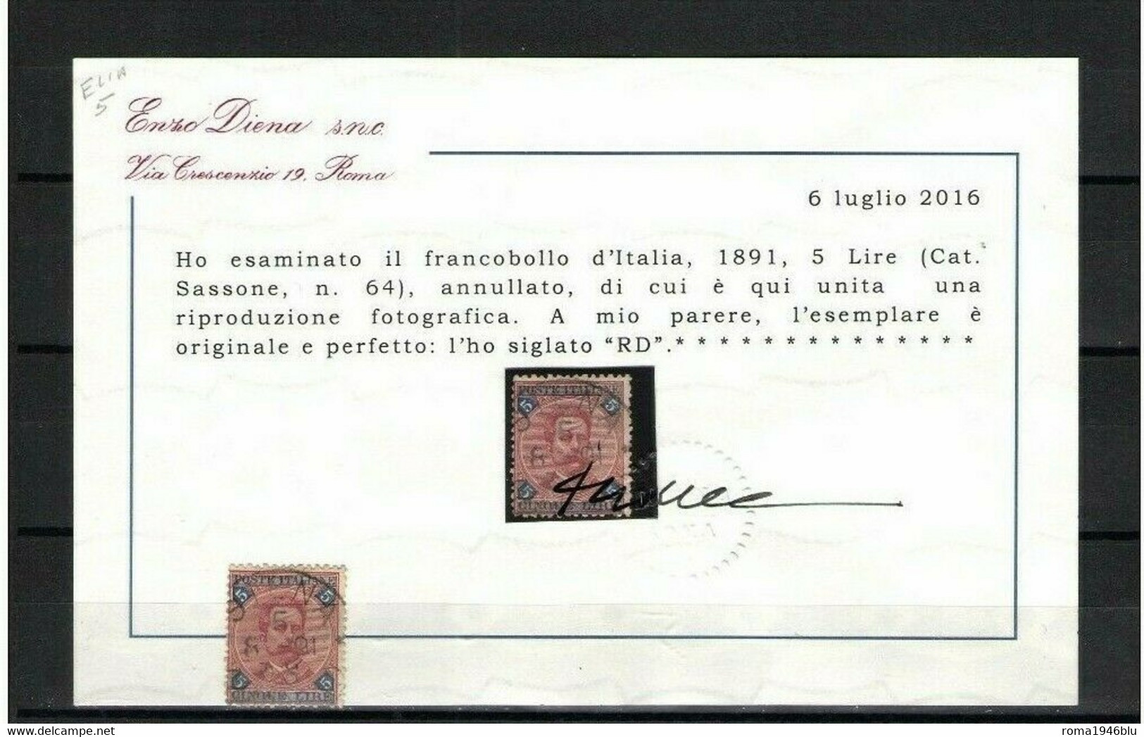 REGNO 1891 UMBERTO I 5 LIRE N. 64 ANNULLATO CERT. DIENA - Used