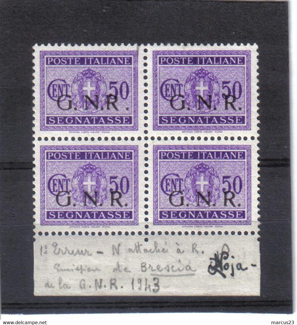 1944 GNR Segnatasse 50CT In Quartina Con Varietà Nr 53/l Tiratura Di Brescia RARO Firmato Oliva - Postage Due