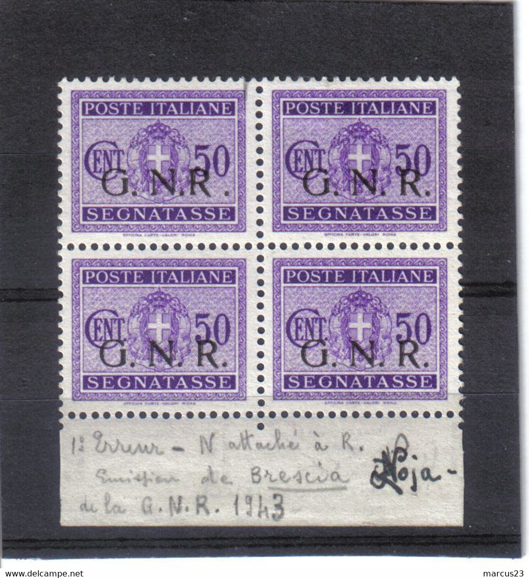 1944 GNR Segnatasse 50CT In Quartina Con Varietà Nr 53/l Tiratura Di Brescia RARO Firmato Oliva - Portomarken