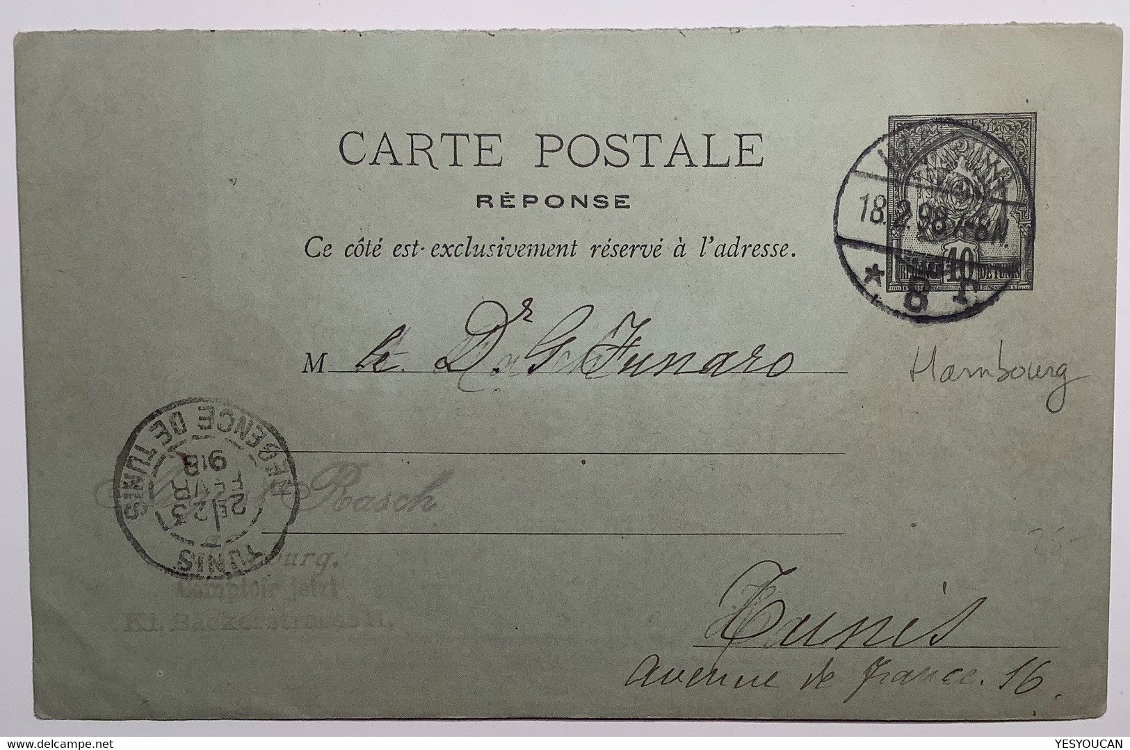 Tunisie Entier Postal RÉPONSE 10c, RARE Obl “HAMBURG 8r / 1898”(carte Postale Reply Postal Stationery Card Cover Lettre - Covers & Documents