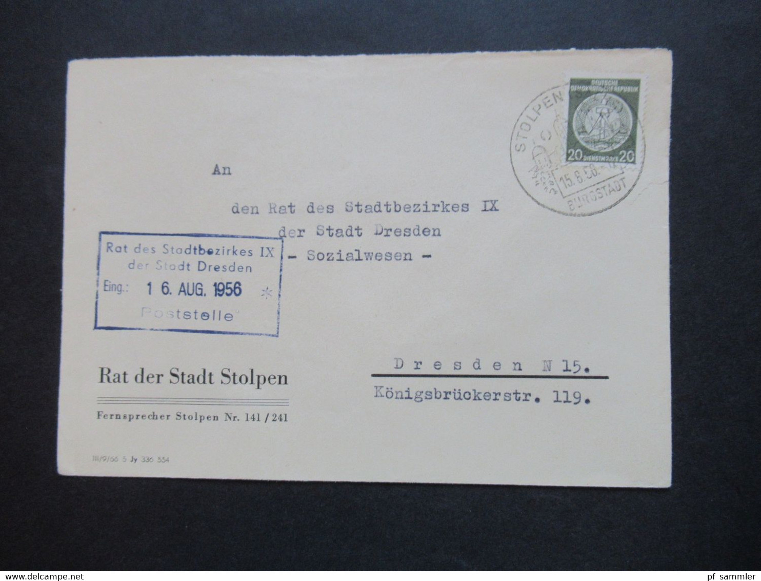 DDR 1956 Dienst Michel Nr.22 Sonderstempel Stolpen Burgstadt Umschlag Rat Der Stadt Stolpen Fernbrief Nach Dresden - Sonstige & Ohne Zuordnung