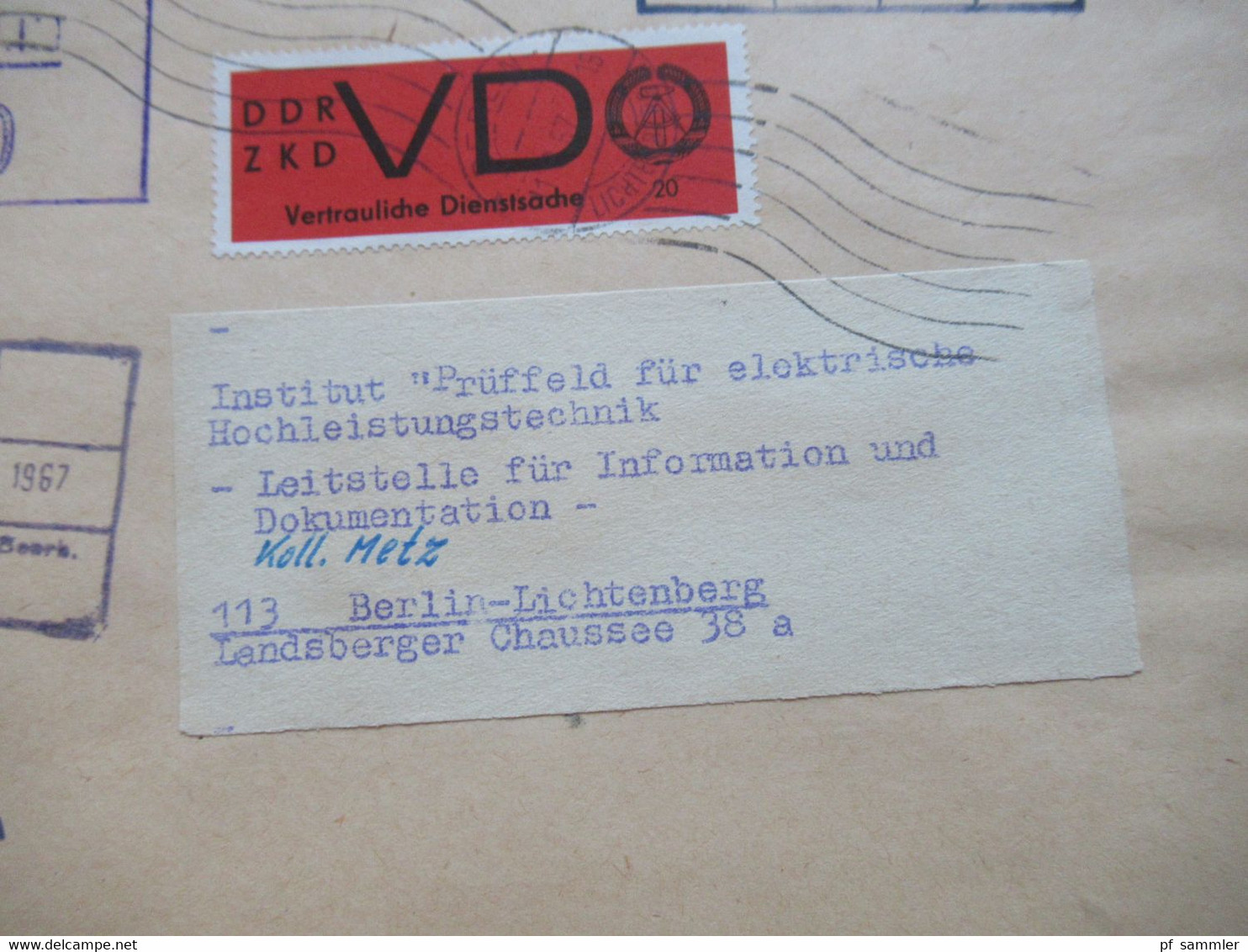 DDR Dienst ZKD Vertrauliche Dienstsache 1967 Institut Für Elektroanlagen Ortsbrief Berlin Friedrichsfelde - Lichtenberg - Otros & Sin Clasificación