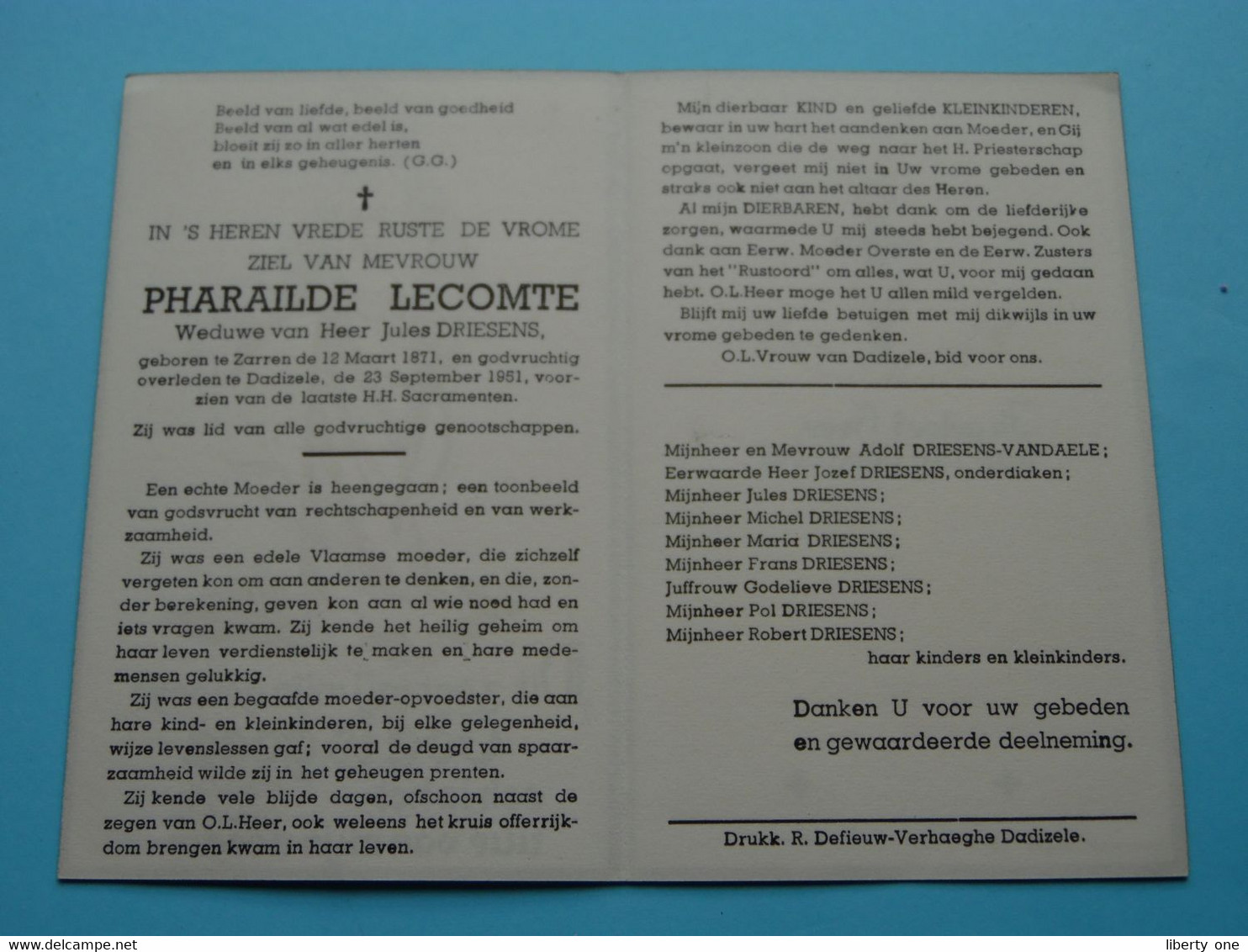 DP Pharailde LECOMTE ( Jules Driesens ) Zarren 12 Maart 1871 - Dadizele 23 Sept 1951 ( Zie Foto's ) ! - Obituary Notices