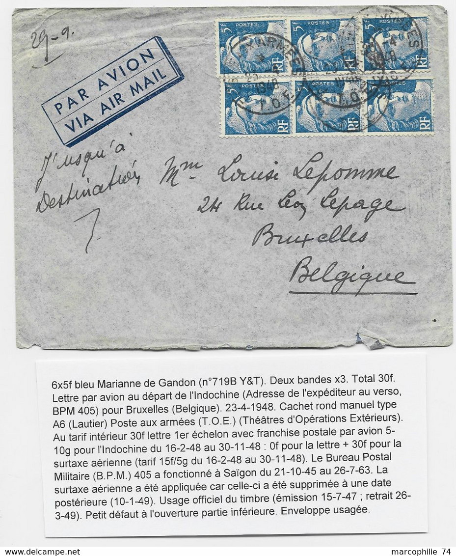 FRANCE  GANDON 5FR BLEUX6 LETTRE AVION POSTE AUX ARMEES 23.4.1948 T.O.E. POUR BELGIQUE AU TARIF - Sellos Militares Desde 1900 (fuera De La Guerra)