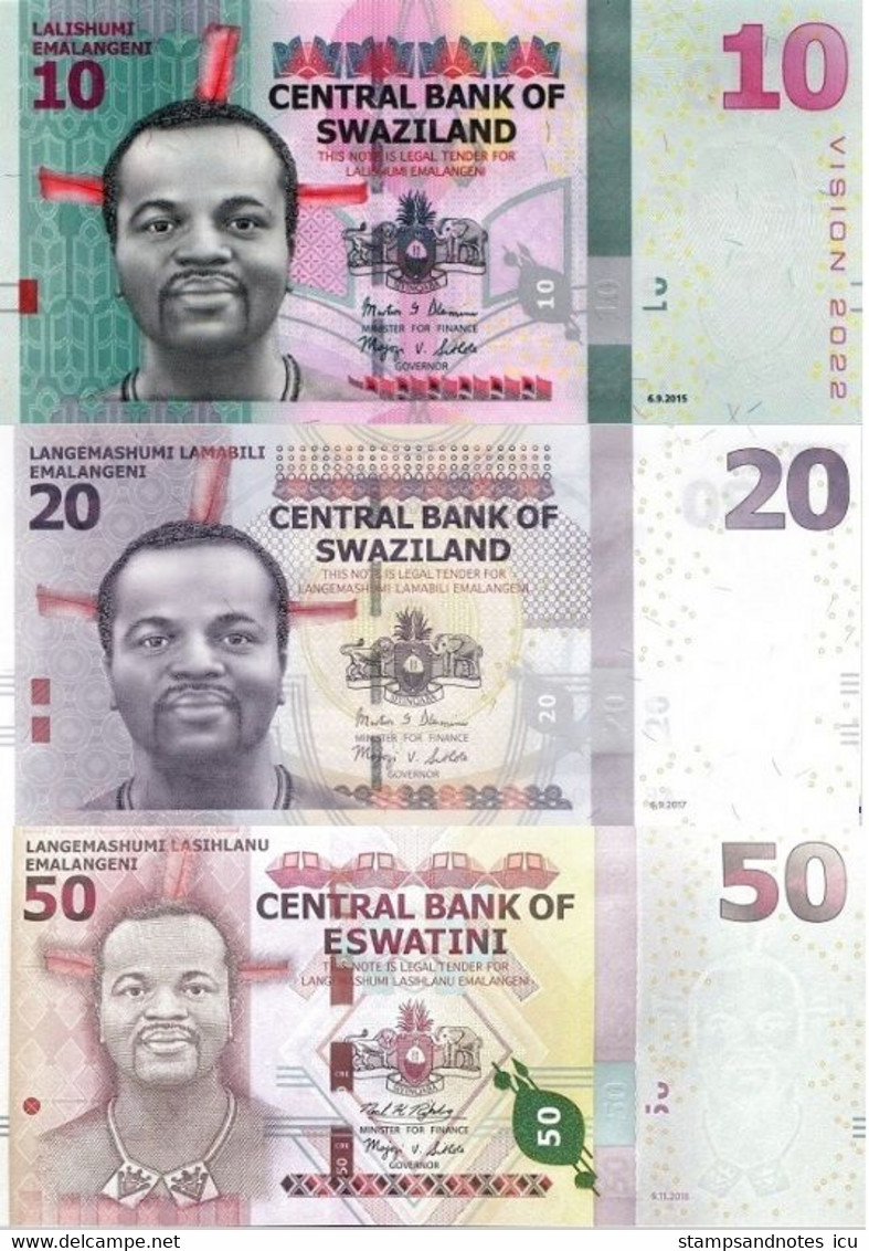 SWAZILAND 10 20 50 Emalangeni 2015 2017 2018 P 37 C 41 New UNC Set Of 3 Banknotes - Swasiland