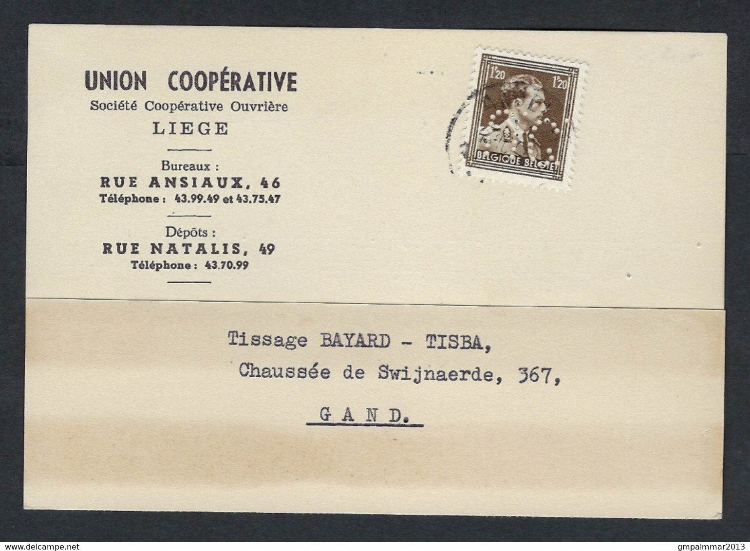 Perfin Belgique Lochung Perforé UC Sur Carte Postale Union Coopérative Liege , Voir 2 Scans . LOT 372 - 1951-..