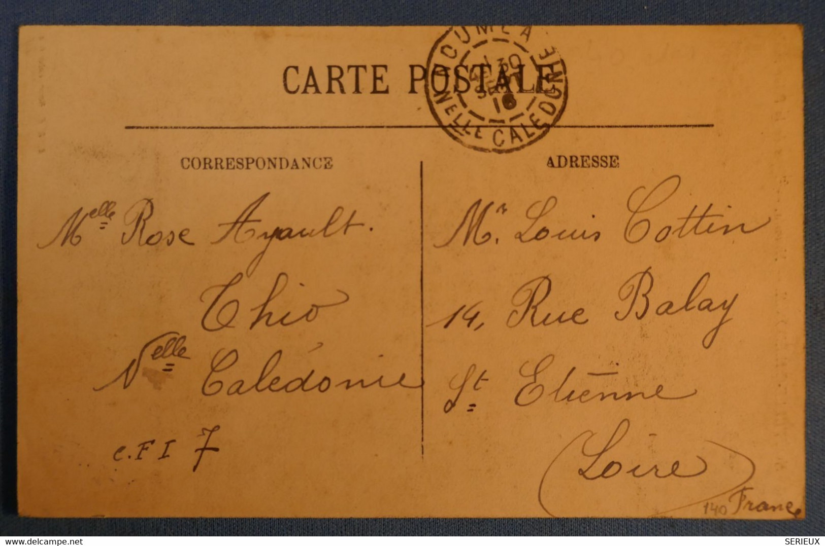 E 12 NOUVELLE CALEDONIE BELLE CARTE 1916 NOUMEA POUR ST ETIENNE+POLICE LOCALE + AFFRANCH PLAISANT - Brieven En Documenten