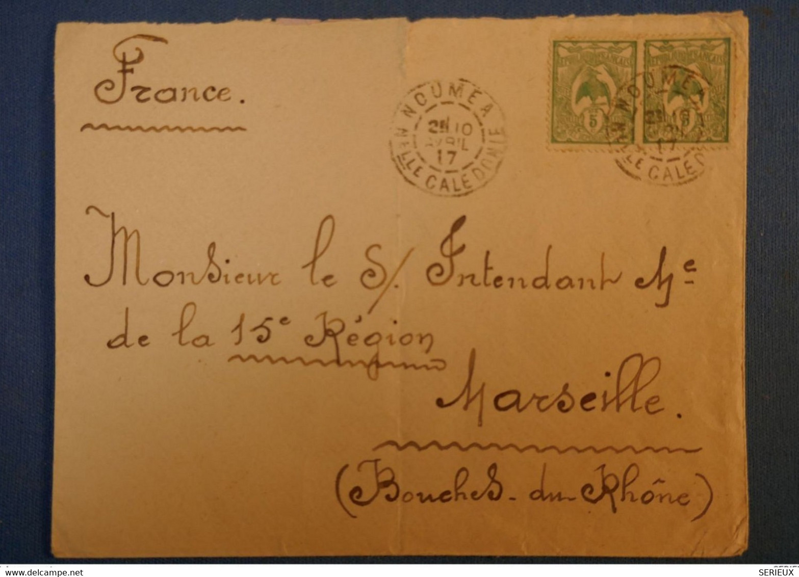 F2 NOUVELLE CALEDONIE LETTRE 1917 NOUMEA POUR MARSEILLE FRANCE + AFFRANCHISSEMENT PLAISANT - Briefe U. Dokumente