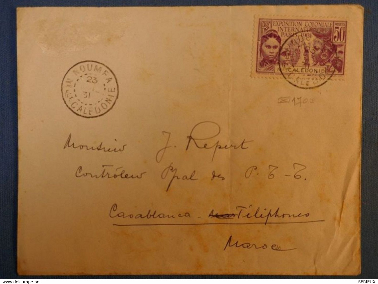 F2 NOUVELLE CALEDONIE BELLE LETTRE 1931 NOUMEA POUR CASABLANCA MAROC + VIGNETTE AU DOS + CACHETS PLAISANTS - Storia Postale