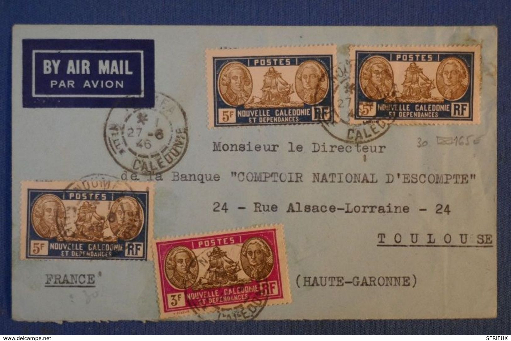 G1 NOUVELLE CALEDONIE BELLE LETTRE 1946 NOUMEA POUR TOULOUSE FRANCE+ AFFRANCHISSEMENT PLAISANT - Storia Postale