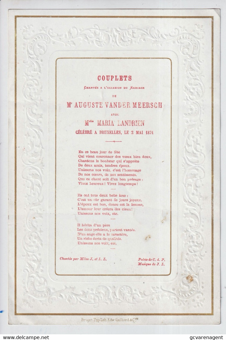 COUPLETS PORSELEINKAART  CHAA L'OCCASION DU MARIAGE DE MR A.VANDER MEERSCH é MARIA LANDRIEN BRUX 18 X 13 CM 1871 - Huwelijksaankondigingen