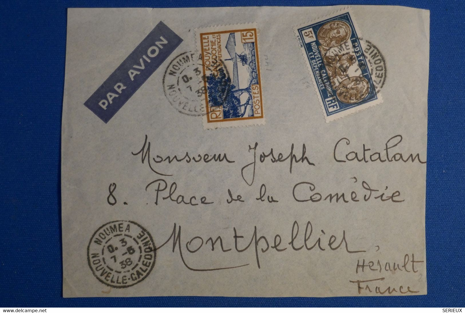 P10 NOUVELLE CALEDONIE LETTRE DEVANT 1938 PAR AVION NOUMEA POUR MONTPELLIER FRANCE + AFFRANCHISSEMENT INTERESSANT - Storia Postale