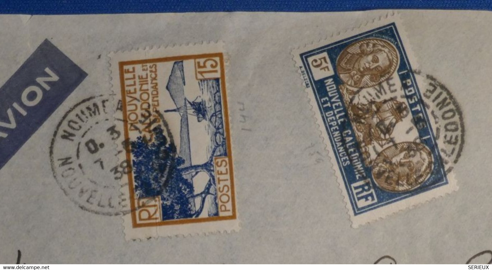 P10 NOUVELLE CALEDONIE LETTRE DEVANT 1938 PAR AVION NOUMEA POUR MONTPELLIER FRANCE + AFFRANCHISSEMENT INTERESSANT - Storia Postale