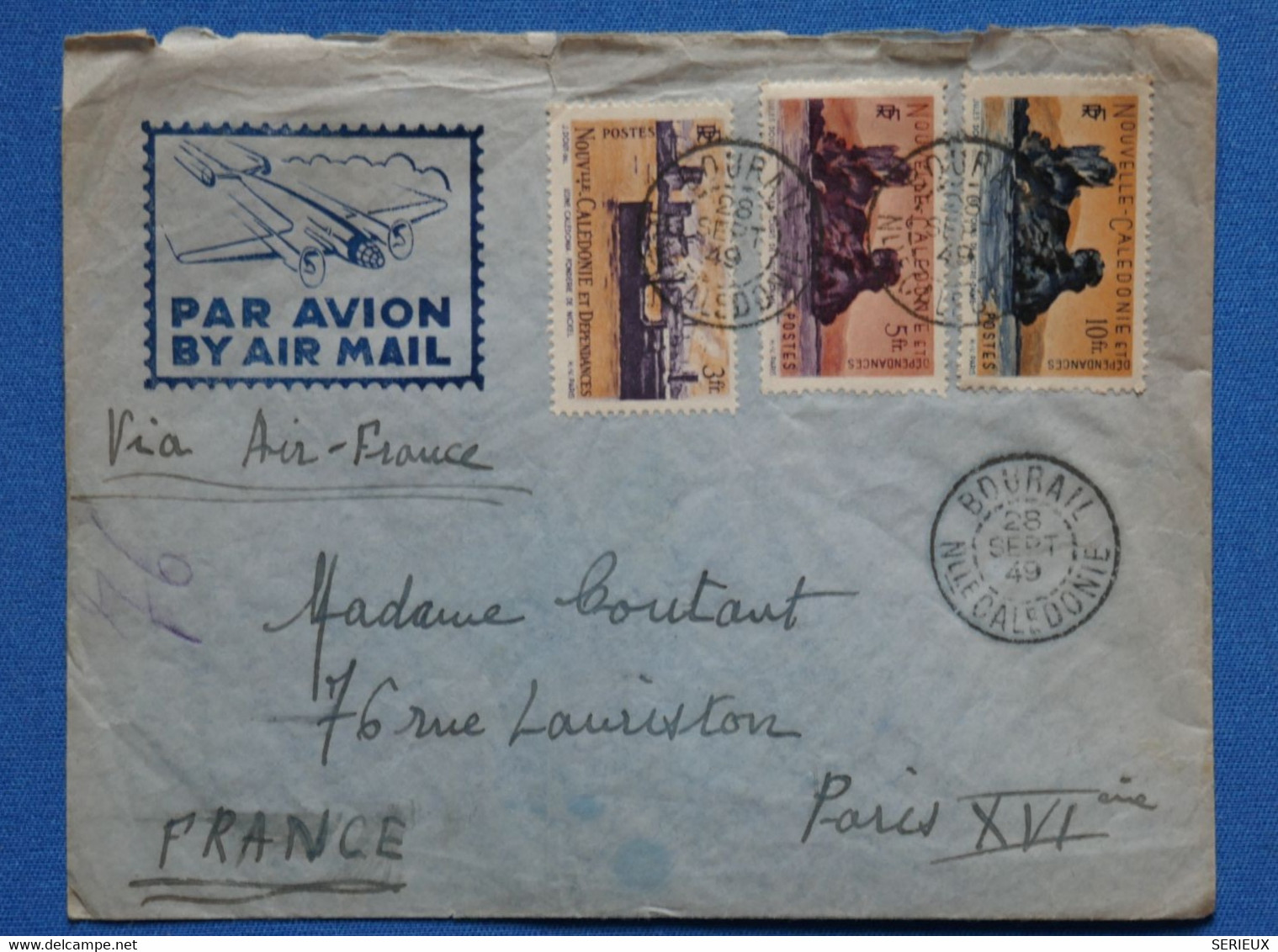 Q11 NOUVELLE CALEDONIE BELLE LETTRE 1949 PREMIER VOL REGULIER BOURAIL POUR PARIS FRANCE+ AFFRANCH. PLAISANT - Covers & Documents