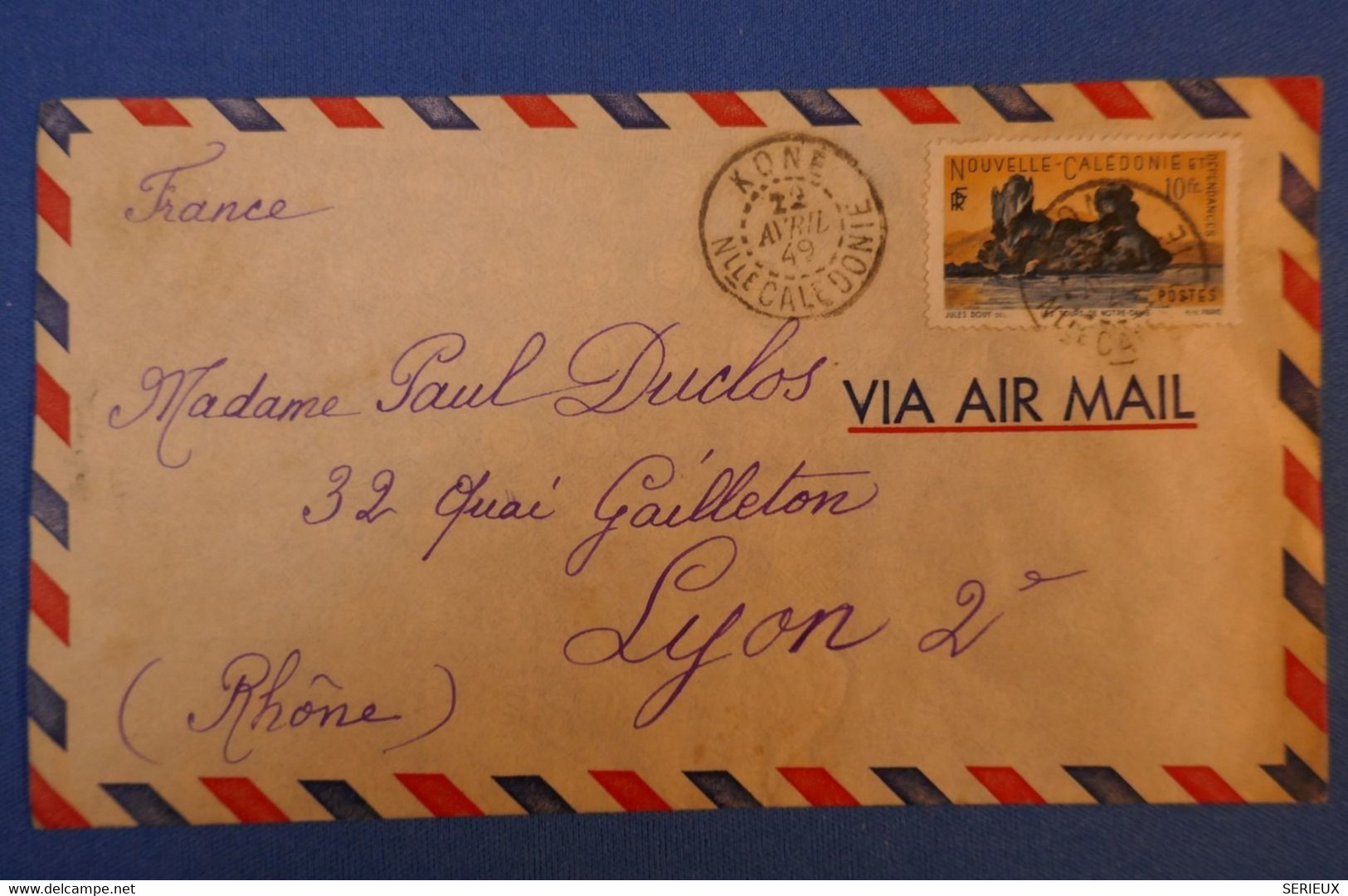 B77 NOUVELLE CALEDONIE 1949 KONE PAR AVION POUR LYON FRANCE POUR GAILLETON - Storia Postale