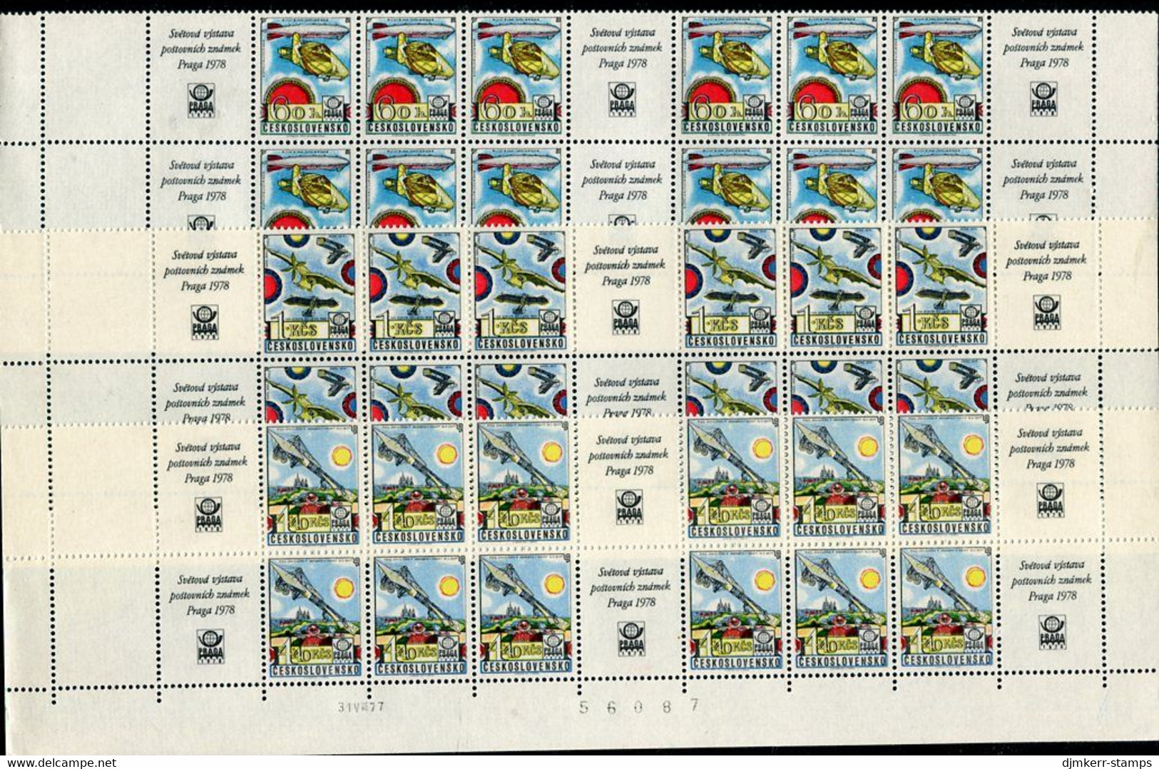 CZECHOSLOVAKIA 1977  Aviation History Blocks Of 12 With Labels MNH / **  Michel 2396-400 Zf - Ungebraucht