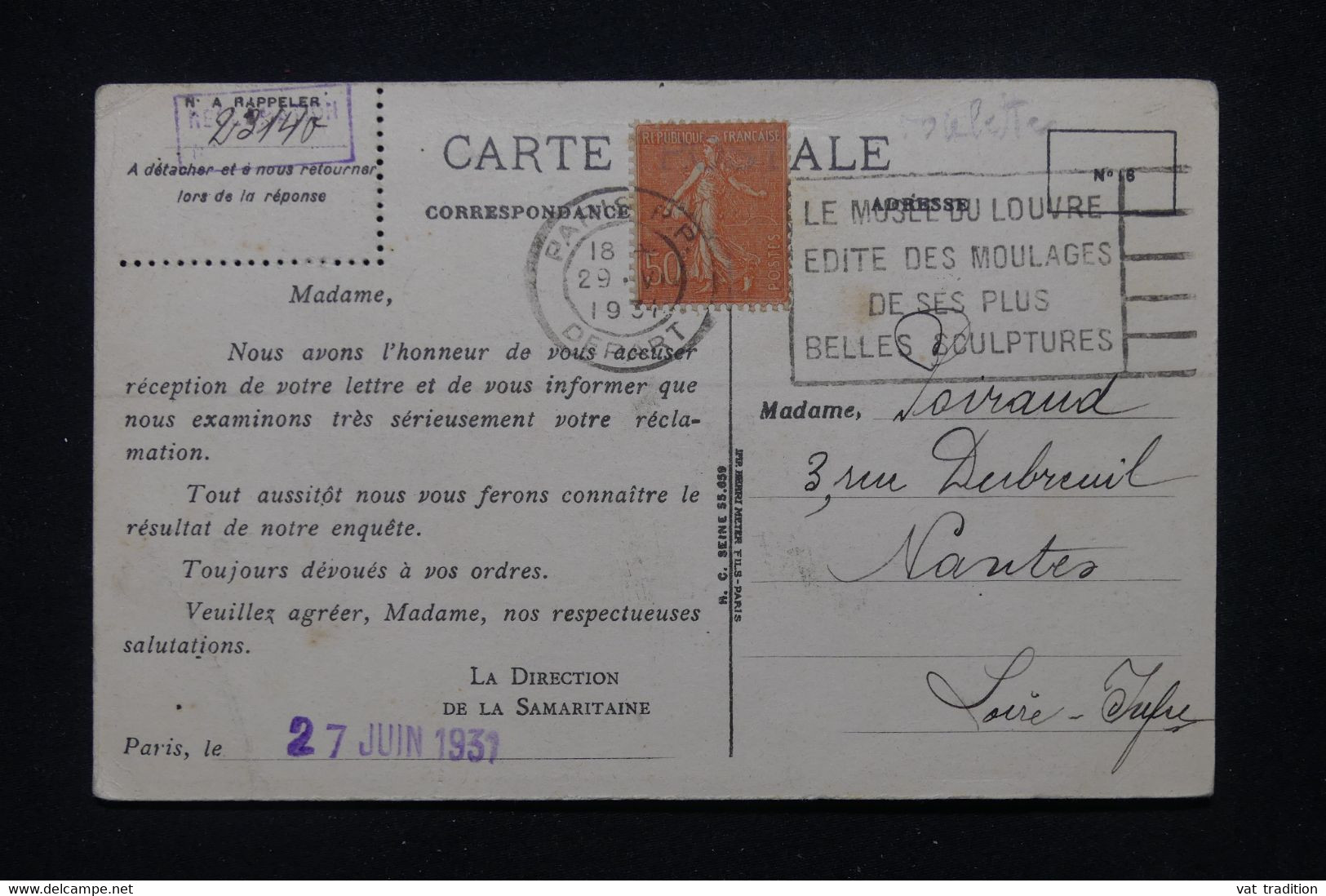 FRANCE - Type Semeuse 50ct Issus De Roulette Sur Carte Commerciale De La Samaritaine En 1931 Pour Nantes  - L 110570 - 1921-1960: Période Moderne