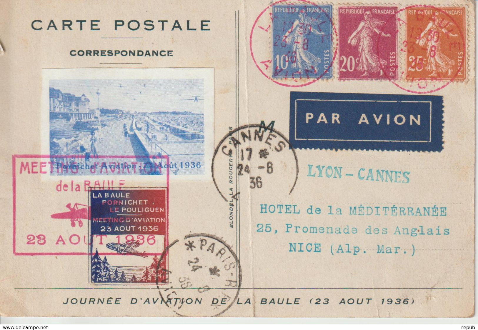 France 1936 Meeting D'aviation De La Baule, Carte Voyagée Et Pli Central - Aviación