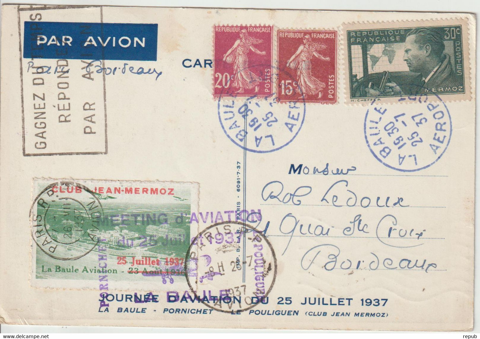 France 1937 Meeting D'aviation De La Baule, Carte Voyagée - Luftfahrt