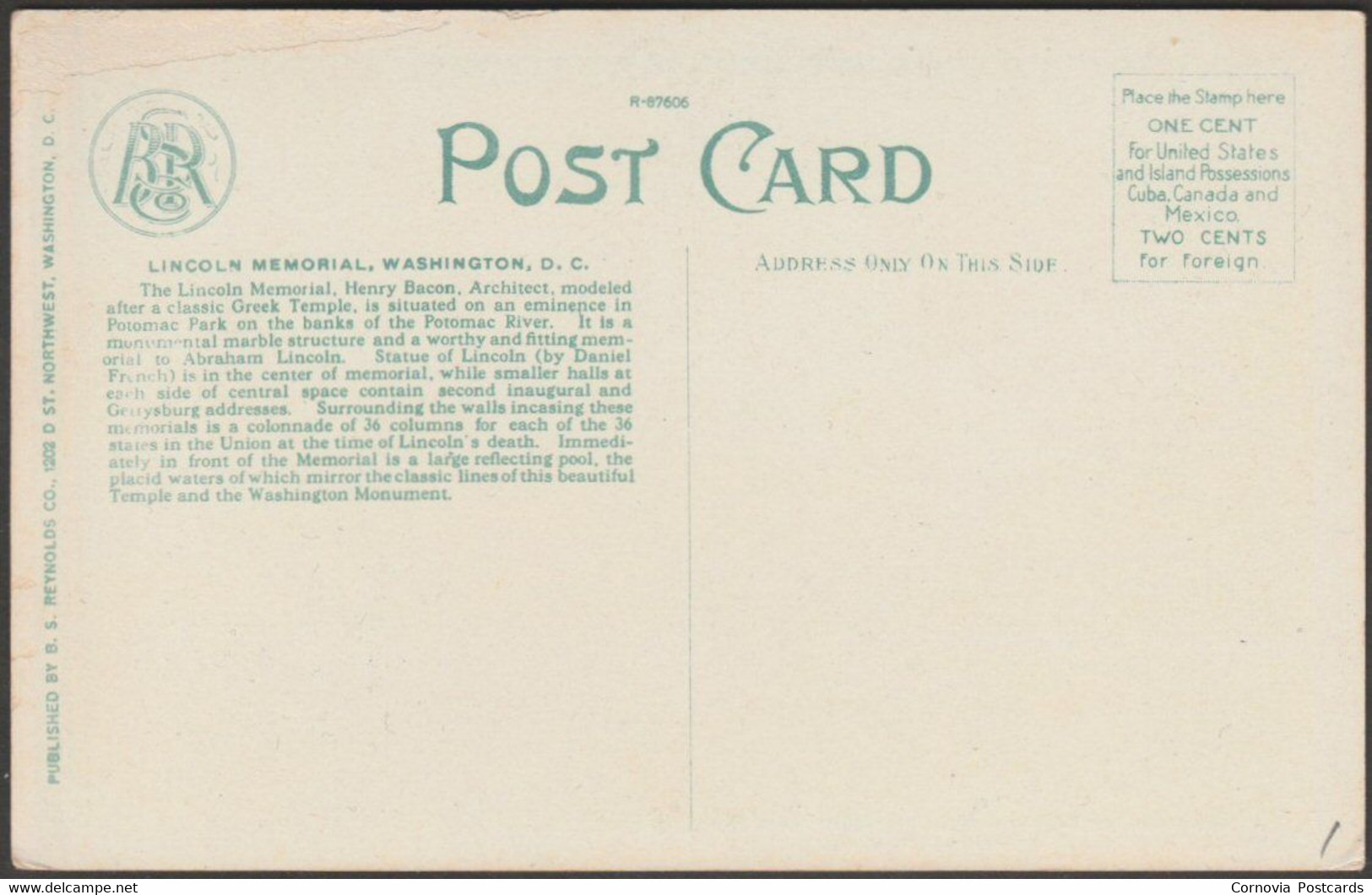 Lincoln Memorial, Washington DC, C.1920s - BS Reynolds Postcard - Washington DC