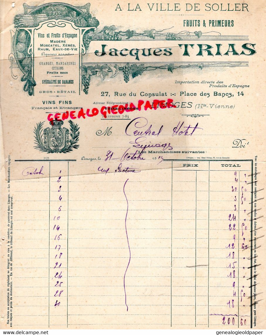 87-  LIMOGES- RARE FACTURE JACQUES TRIAS- A LA VILLE DE SOLLER- ESPAGNE- ORANGES CITRONS-27 RUE CONSULAT-1914 - Lebensmittel