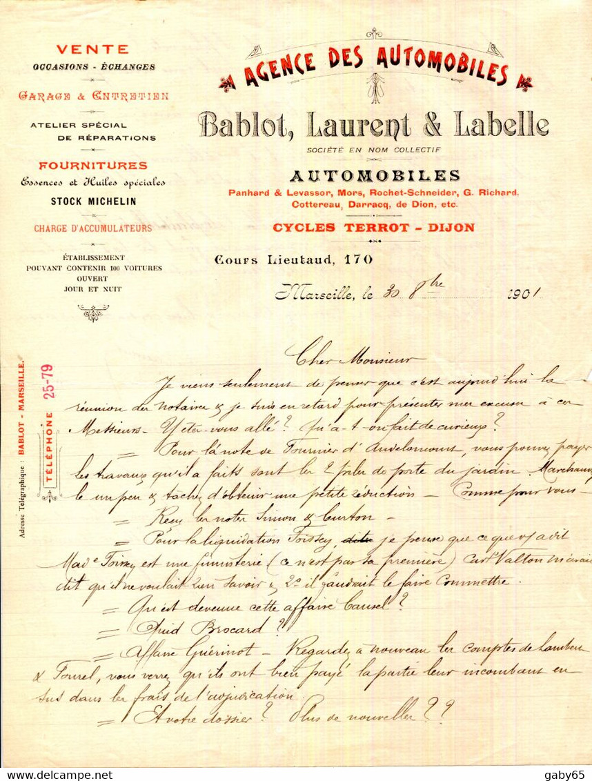 FACTURE.13.MARSEILLE.AGENCE DES AUTOMOBILES PANHARD  LEVASSOR,MORS,...Etc.BABLOT & LAURENT & LABELLE 170 COURS LIEUTAUD. - Auto's