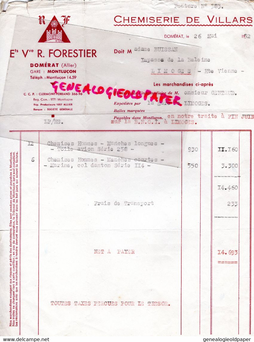 03-DOMEYRAT-MONTLUCON- RARE FACTURE CHEMISERIE DE VILLARS- ETS. VVE R. FORESTIER- CHEMISE CHEMISES 1952 - Textile & Clothing