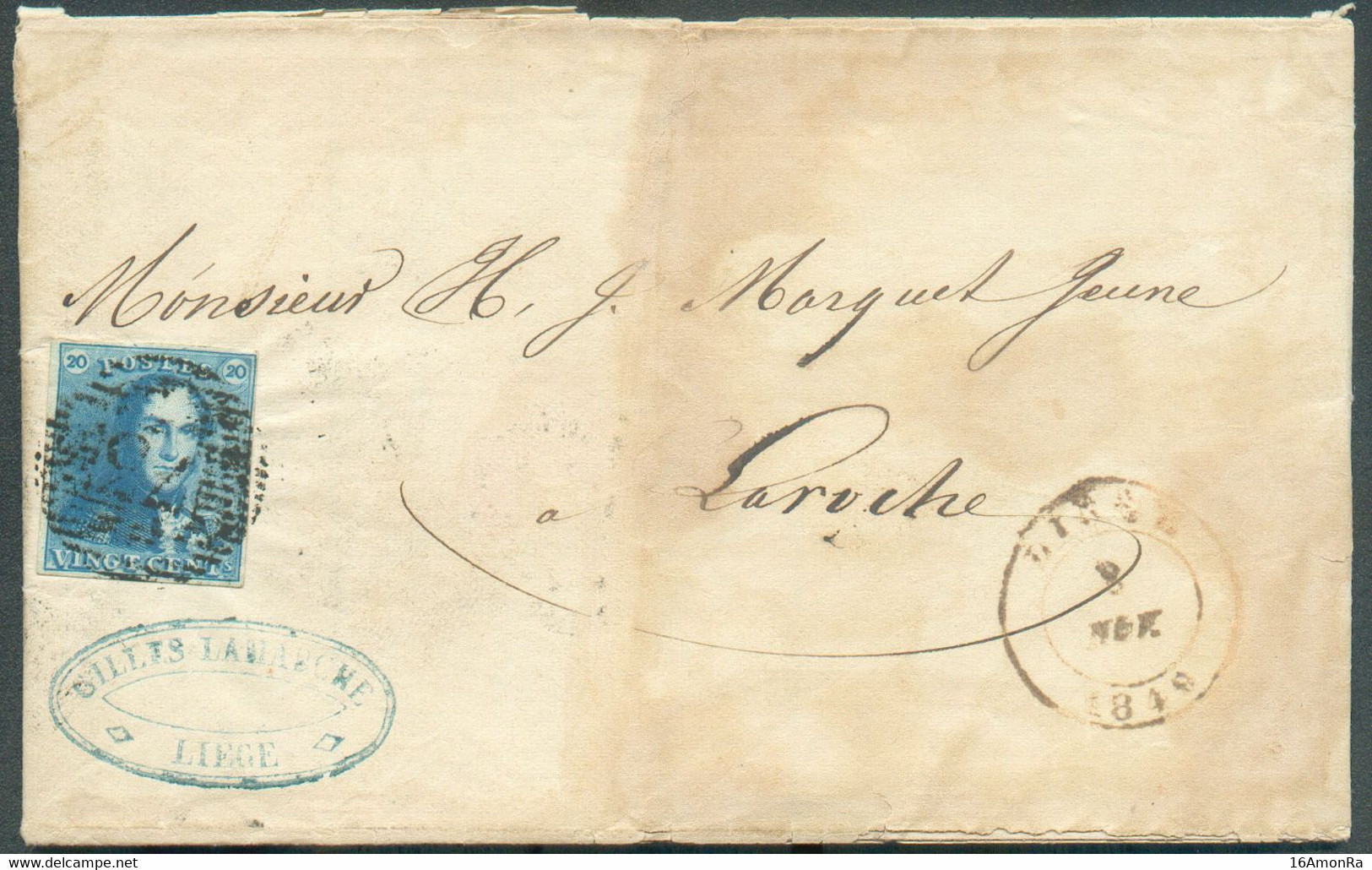 N°2 - Epaulette 20 Centimes Bleue, Belles Marges, Obl. P.73 Sur Lettre De LIEGE le 8 Novembre 1849 Vers Laroche.  Expédi - 1849 Epauletten