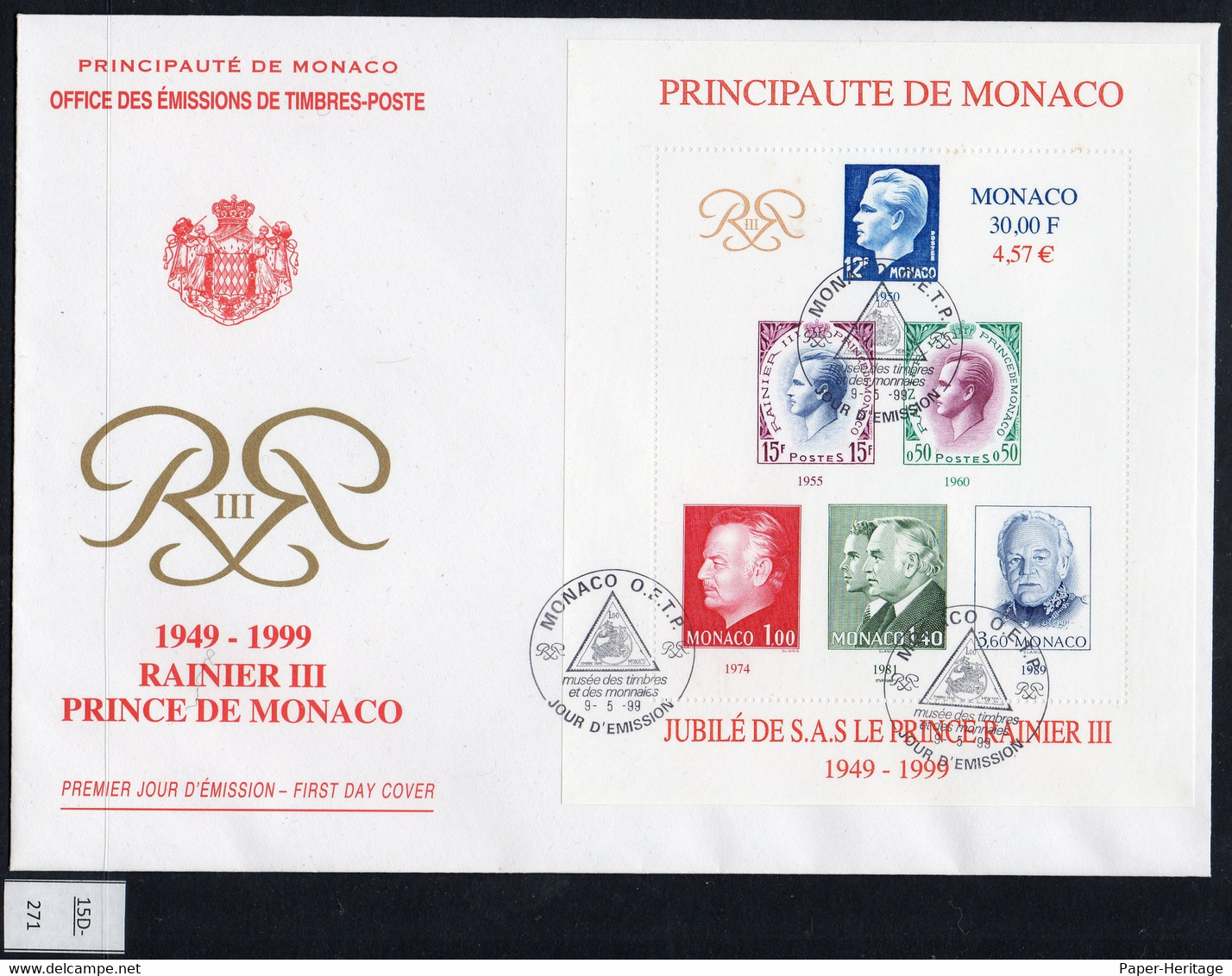 Monaco 1999 Prince Rainier Royalty Stamp-on-Stamp Miniature Sheet On Fdc – Uncommon. - Brieven En Documenten