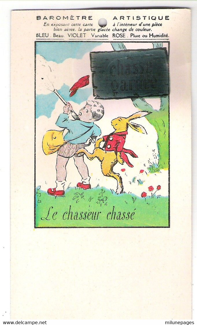 Carte Baromètre Artistique à Changement De Couleur Selon La Météo Thème Lapin Et Chasseur Chassé - Met Mechanische Systemen