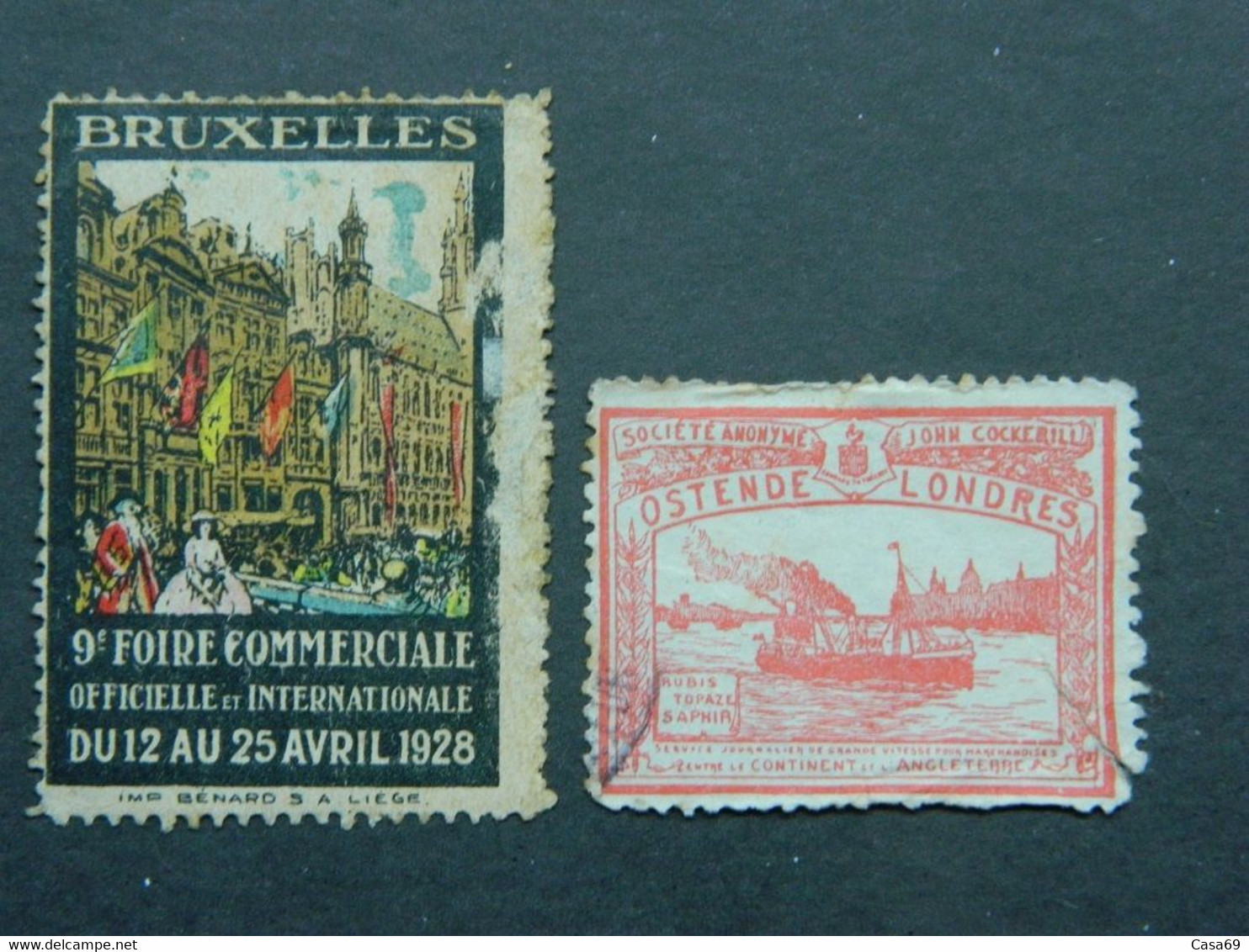 Lot De 2 Vignettes Endommagées Foire Commerciale Bruxelles 1928 Société Anonyme John Cockerill Ostende Londres - Erinofilia [E]