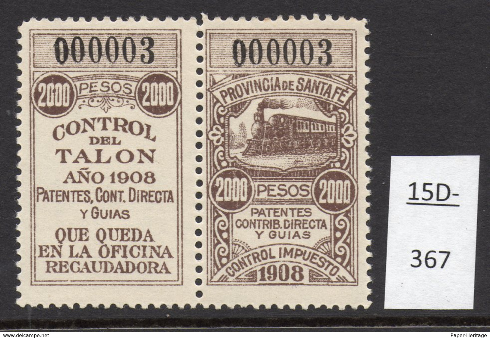 Argentina 1908 Santa Fe Revenue Steam Train – Railway – Locomotive 2000 Pesos With Talon MH - Nuevos