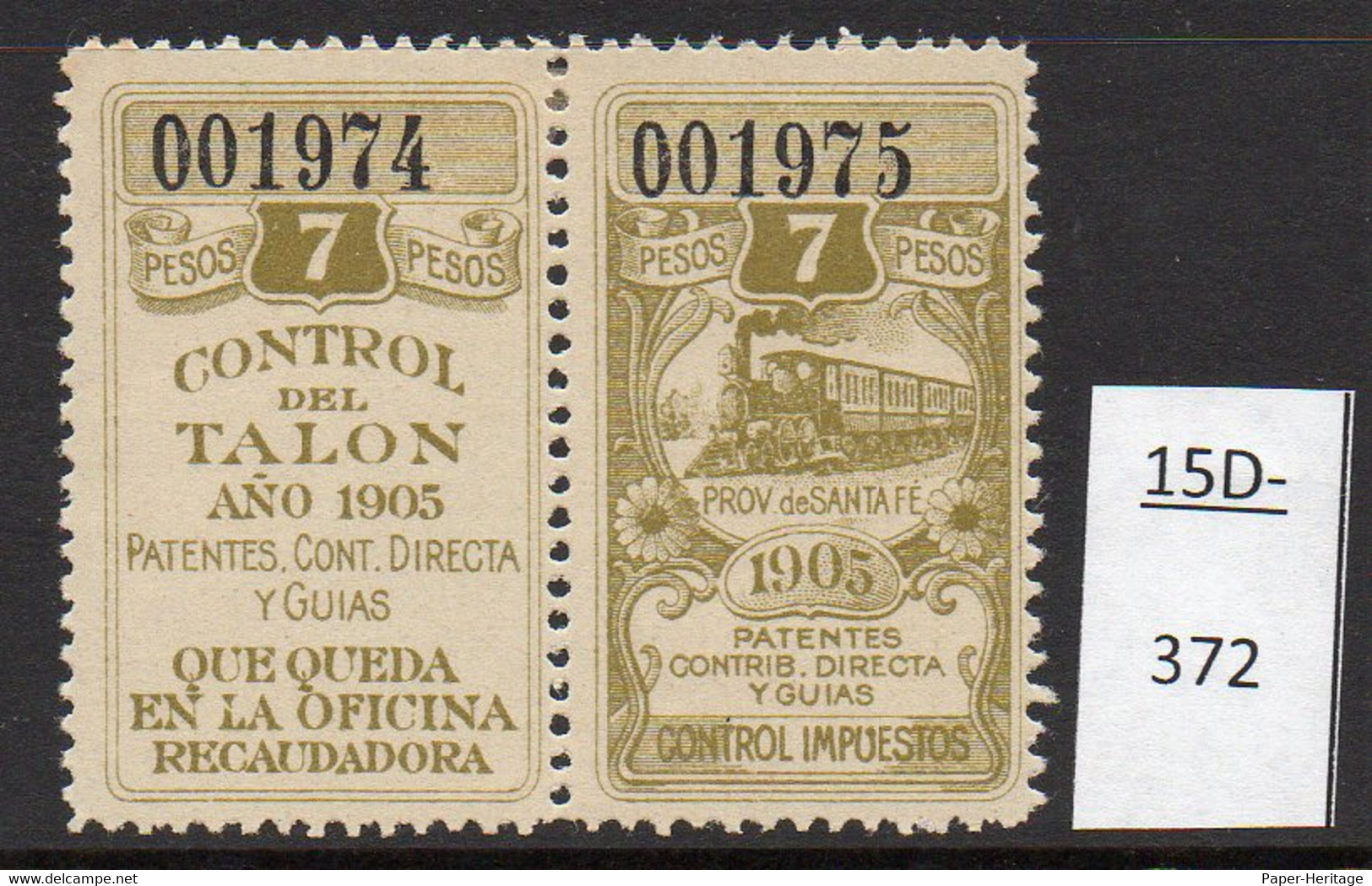 Argentina 1905 Santa Fe 7P Revenue – Steam Railway Train – Railroad Locomotive – Ferrocarril Variety Variedad MH - Unused Stamps