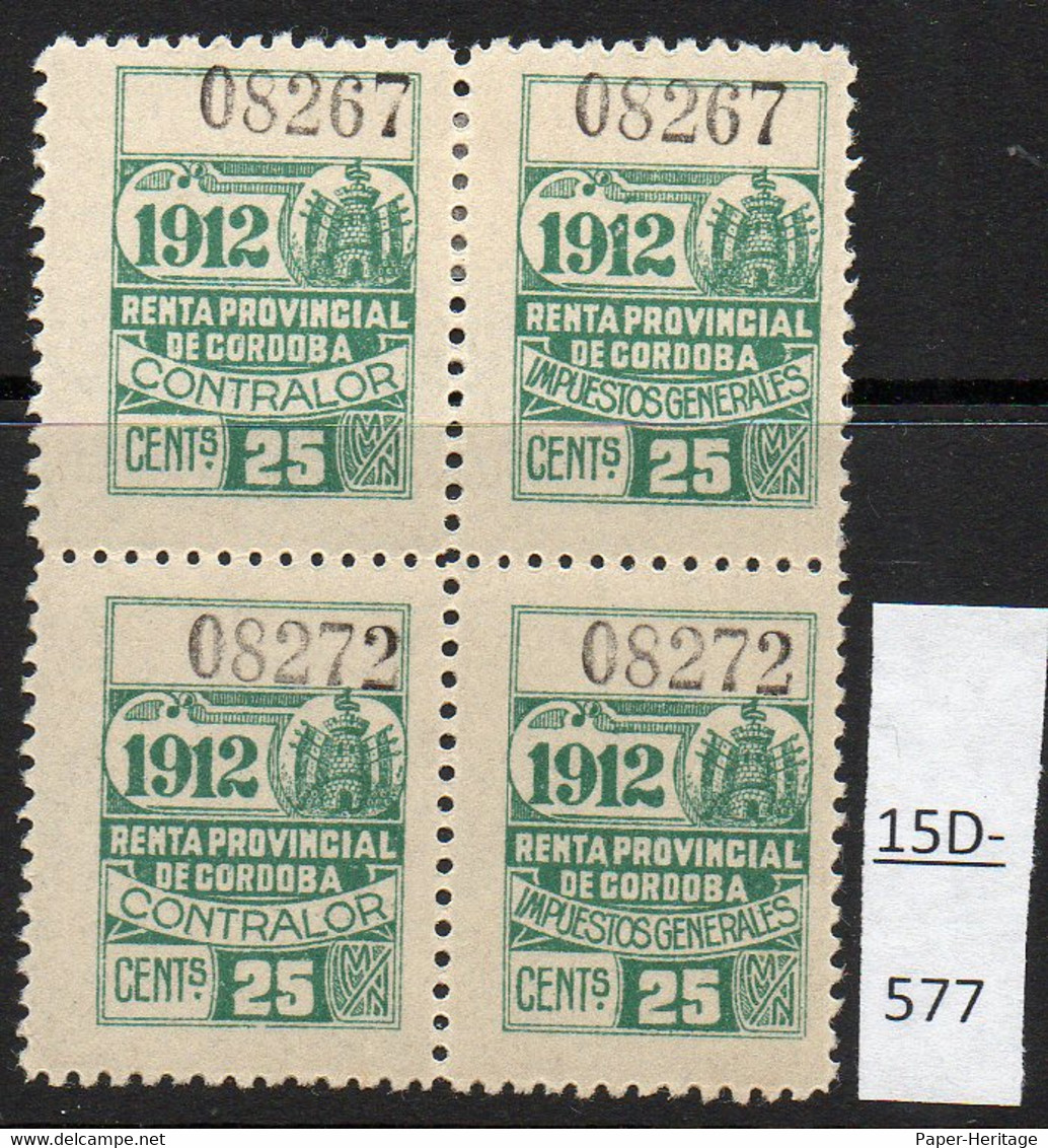 Argentina / Cordoba Province Revenue Fiscal Impuestos Generales 1912 25c MNH / MH Block/4 (4). - Altri & Non Classificati