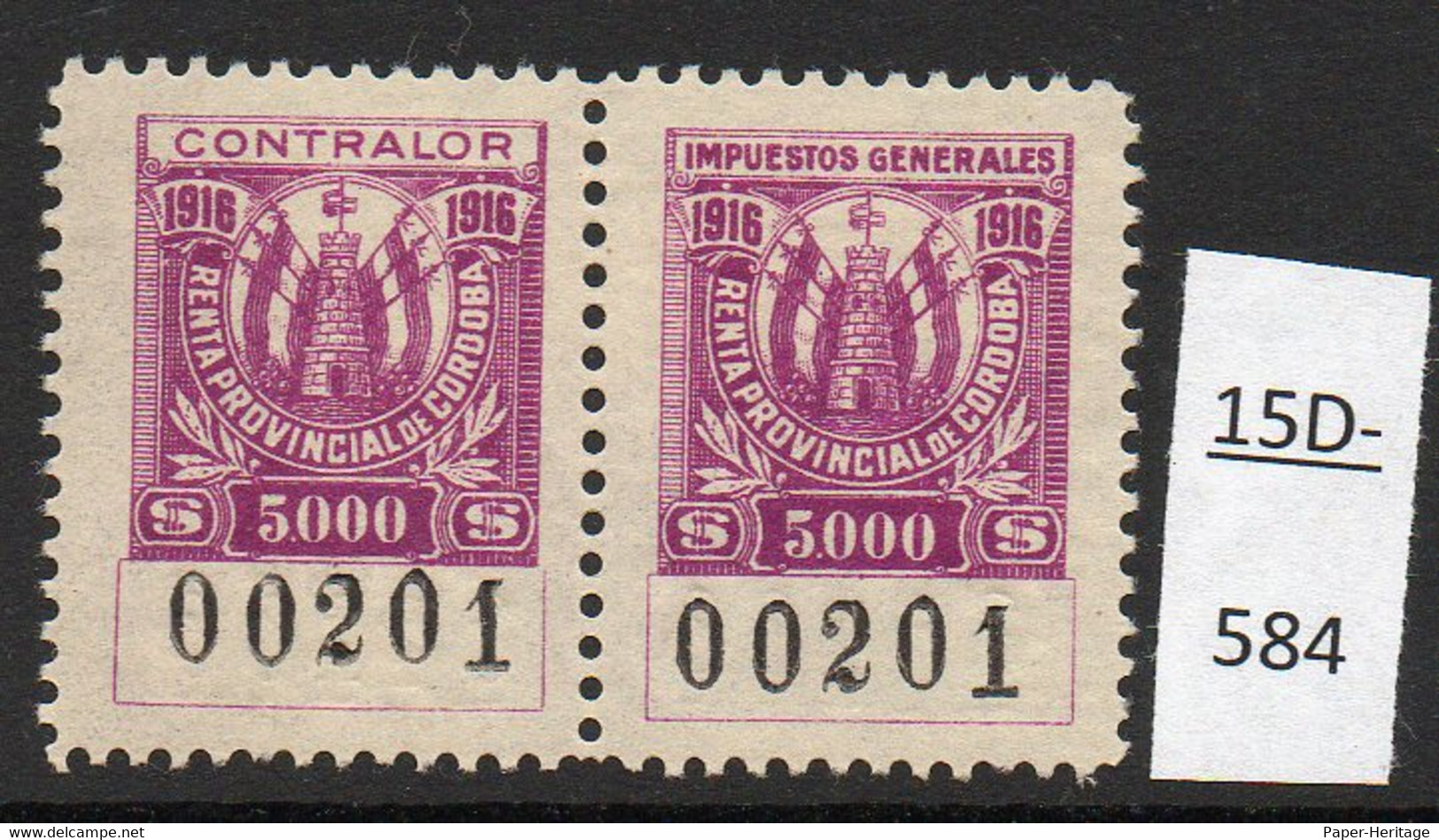 Argentina / Cordoba Province Revenue Fiscal Impuestos Generales 1916 5000P, MH Pair (2). - Other & Unclassified