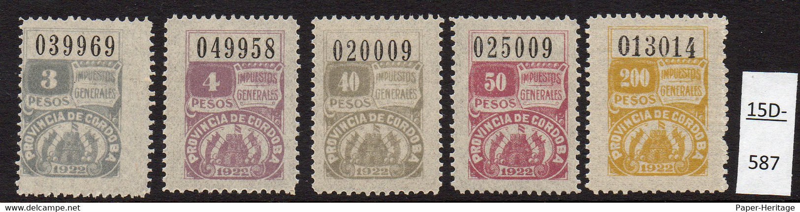 Argentina / Cordoba Province Revenue Fiscal Impuestos Generales 1922 3P, 4P, 40P, 50P, 200P MH (5) - Other & Unclassified