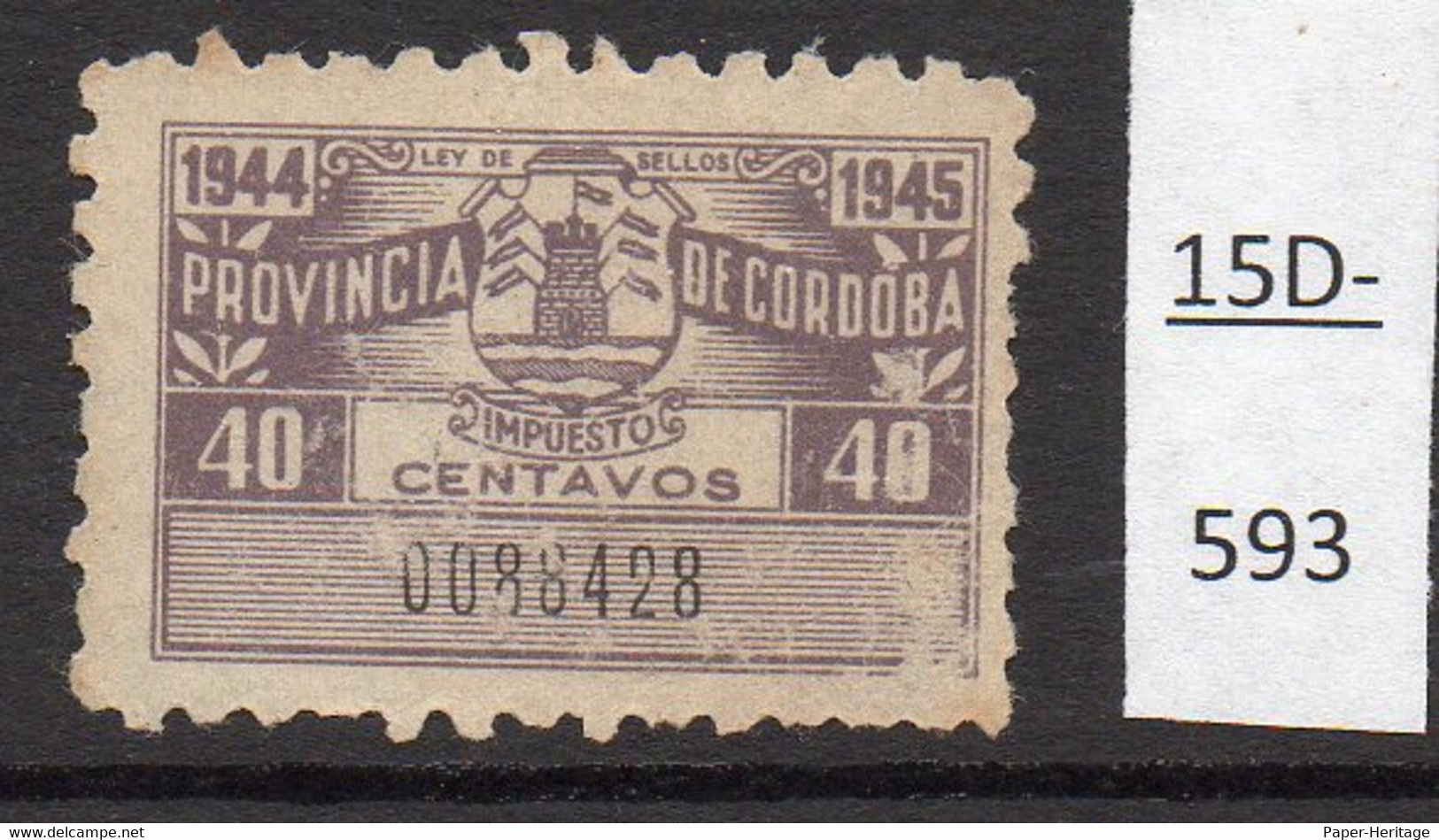 Argentina / Cordoba Province Revenue Fiscal Ley De Sellos 1944-45 40c Used (1) - Other & Unclassified