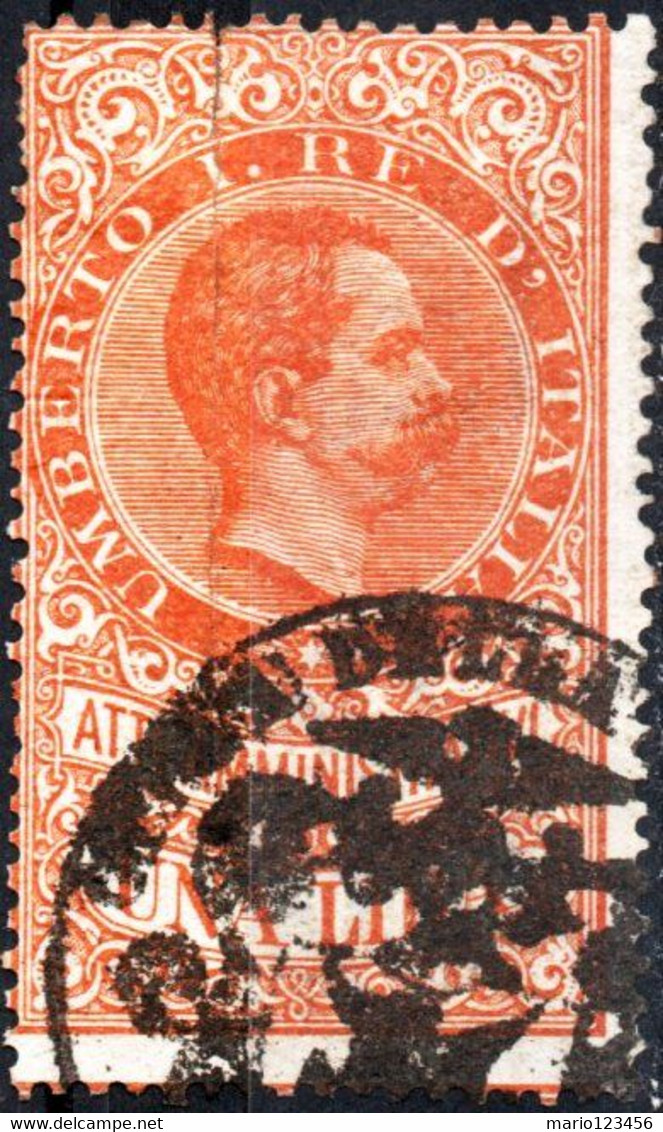 ITALIA, ITALY, MARCA PER CONCESSIONI GOVERNATIVE, 1885, 1 L., FRANCOBOLLO USATO Unificato IT AA16, Forbin IT AA16 - Segnatasse