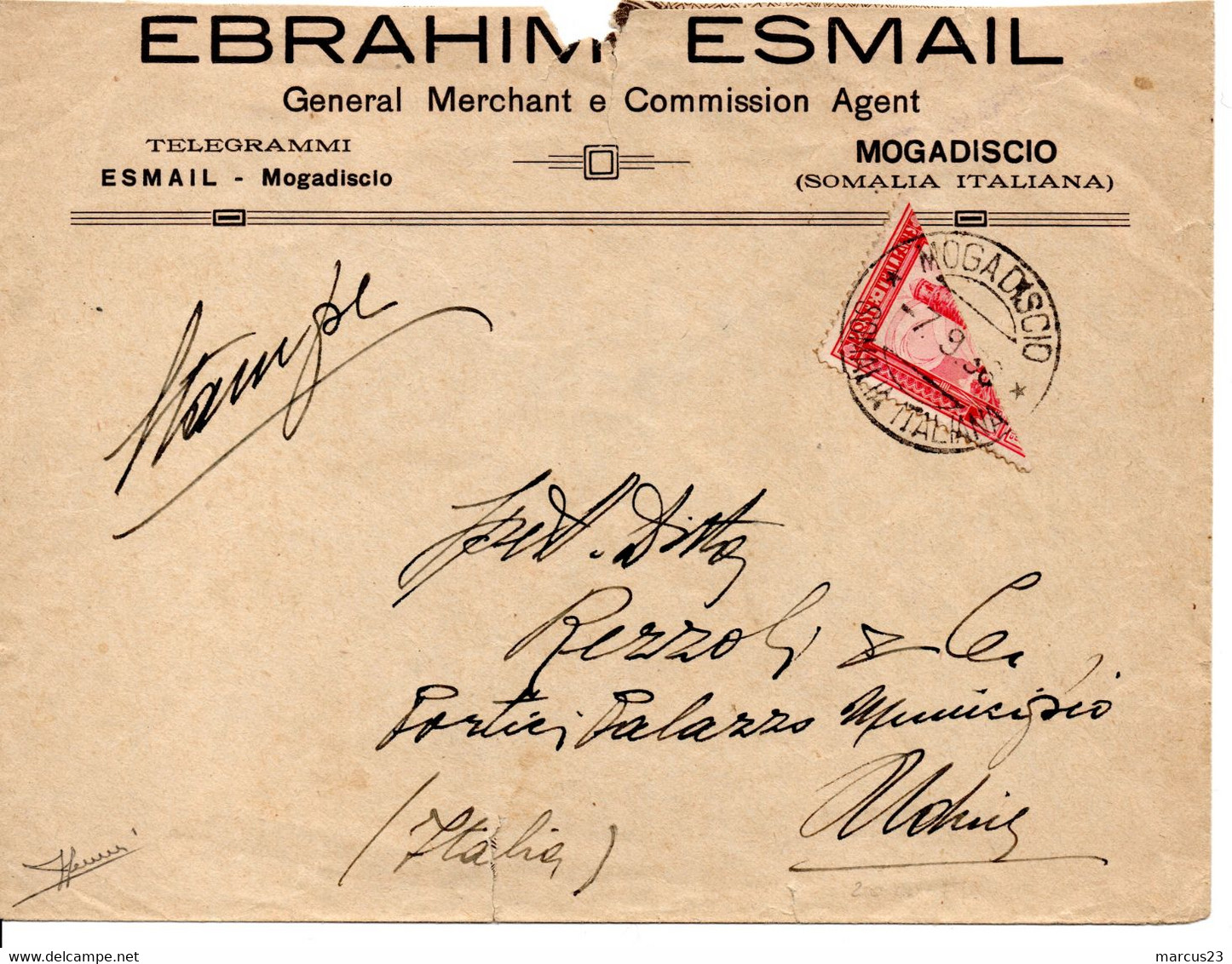 1936 20 CT SEZIONATO PER STAMPE DA MOGADISCIO A UDINE / RARO E NON CATALOGATO- FIRMA SORANI - Somalie