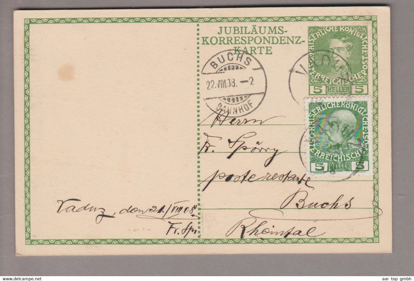 Liechtenstein 1908-08-22 Vaduz 5H. GS + 5H. AT Mi#PK43y142 Nach Buchs SG - ...-1912 Vorphilatelie