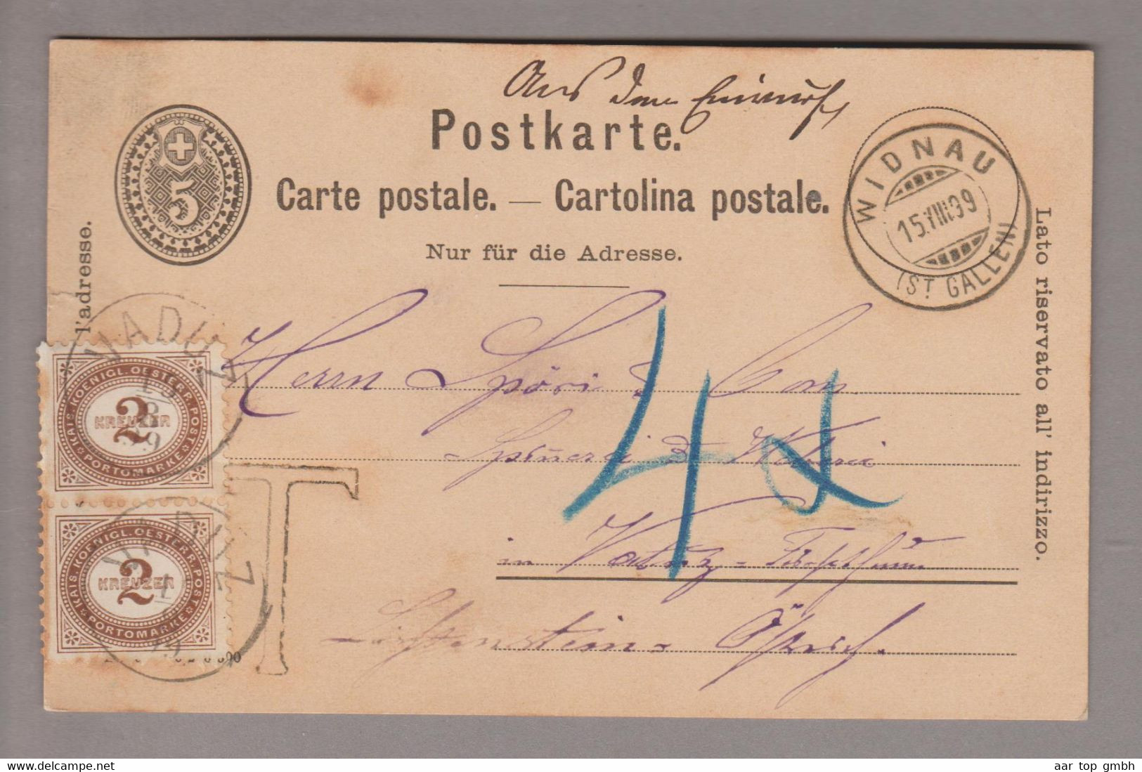 Liechtenstein Porto 1899-08-16 CH-anzsache 5Rp. Nach Vaduz Taxiert 2x 2Heller Portom. AT Mi#P2 - Taxe